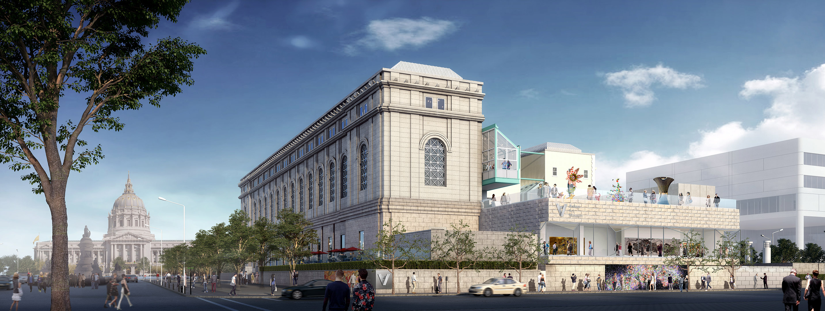 Day view of the Asian Art Museum expansion with San Francisco City Hall in the background