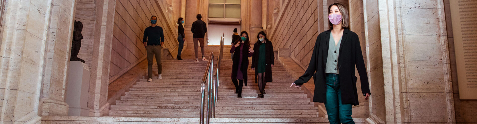 A woman wearing a mask descends a grand staircase.